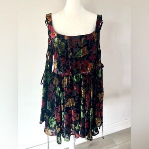 Current Mood Lean On Me Multicolor Floral Velvet Bell Sleeve Mini Dress Size XL